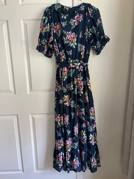 LC Lauren Conrad Navy Blue Floral Cottagecore Maxi Ruffle Tie Waist Dress Large - Picture 2 of 12